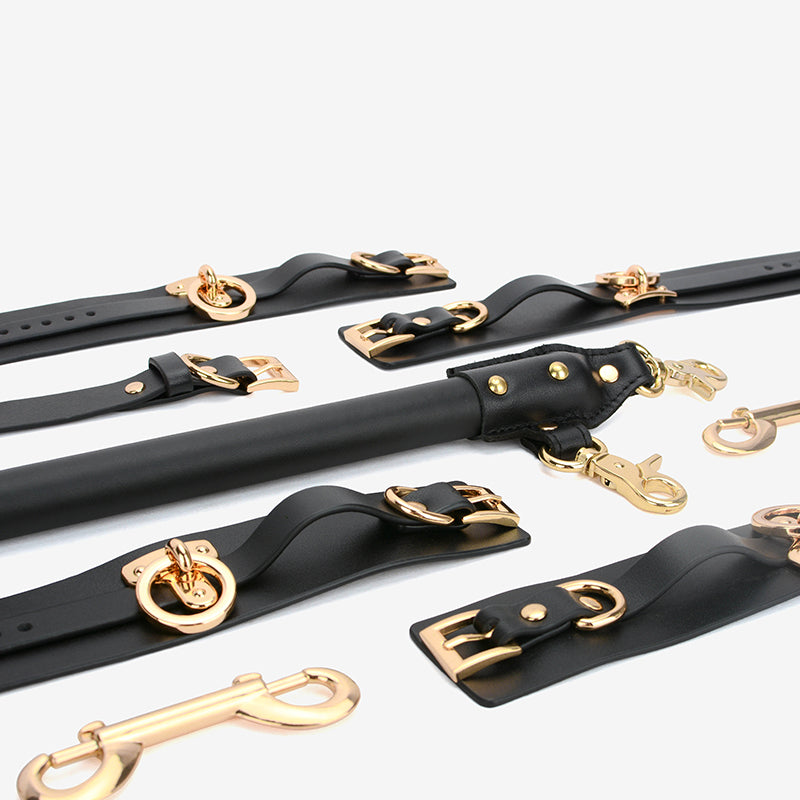 8 pcs Leather spreader bar with collar, handcuffs, ankle cuffs and carabineer set