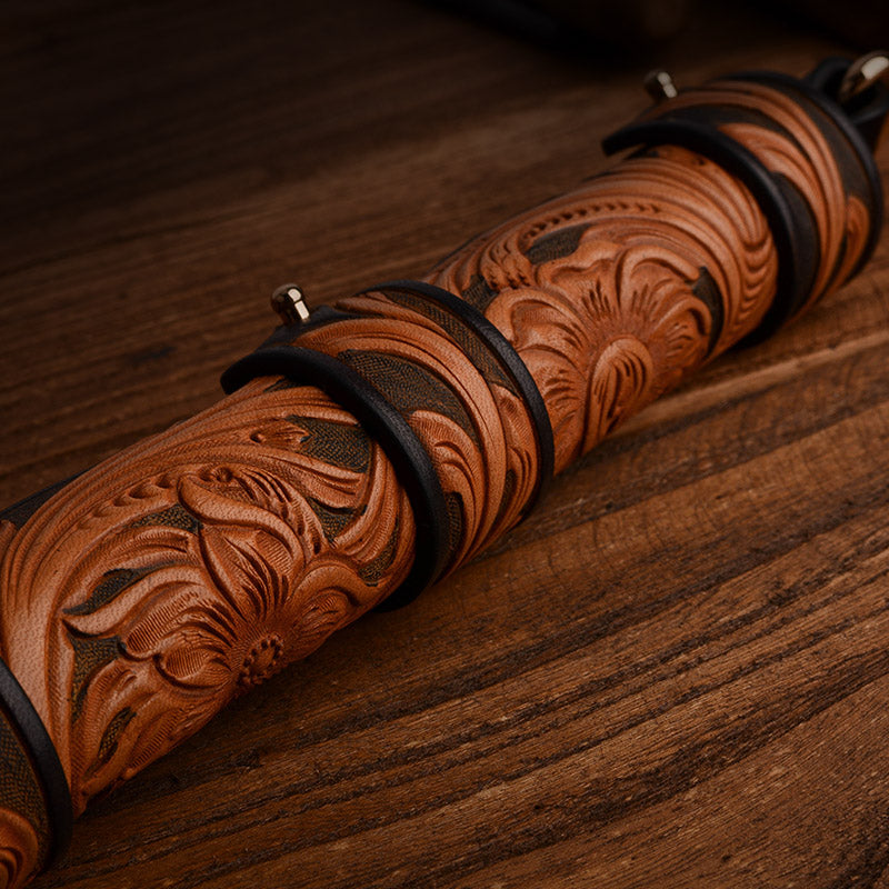 Carved Brown Engraved Collar Handcuffs Leather Set