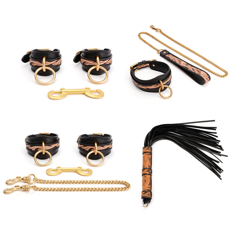 Carved Brown Engraved Collar Handcuffs Leather Set