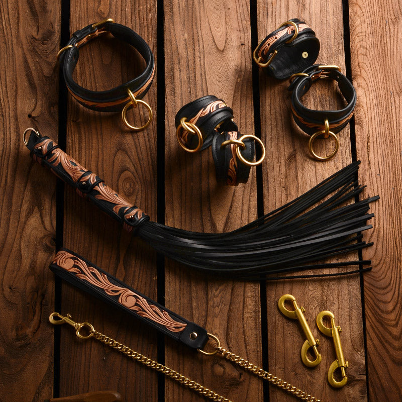 Carved Brown Engraved Collar Handcuffs Leather Set