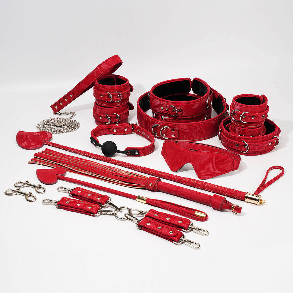 17 Pieces Red Textured PU Set with Waist Cuffs, Thigh Cuffs, Hand Cuffs, Foot Cuffs, Collar and Leash, Padd