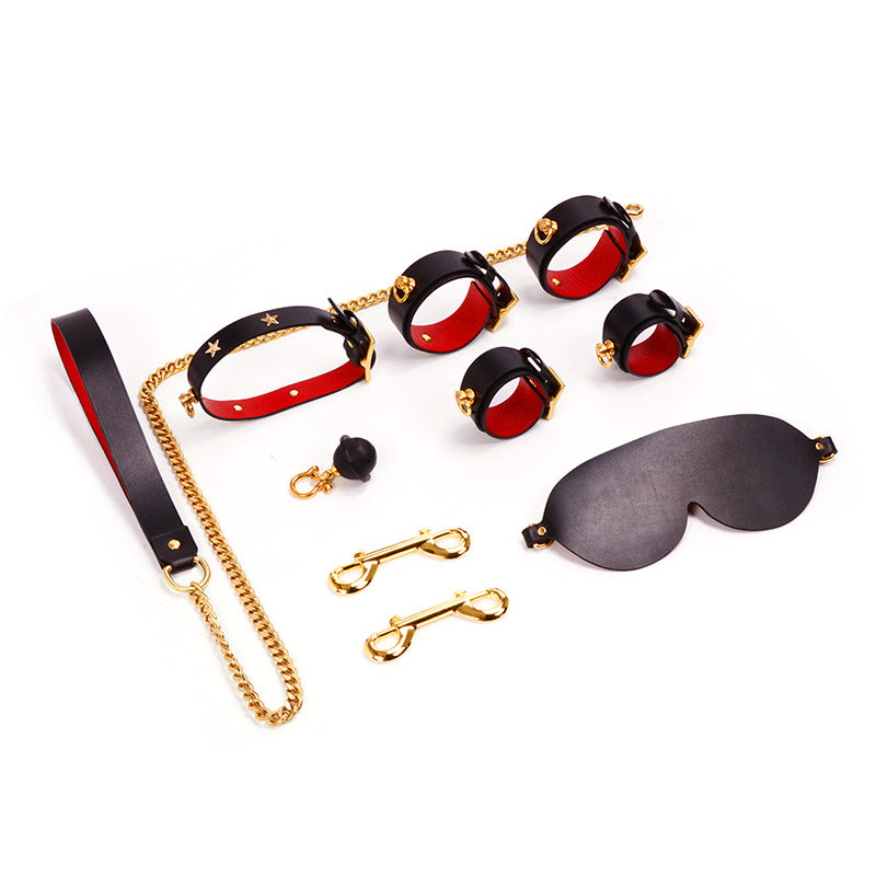 Black&Red Star Collar Handcuffs Leather Set
