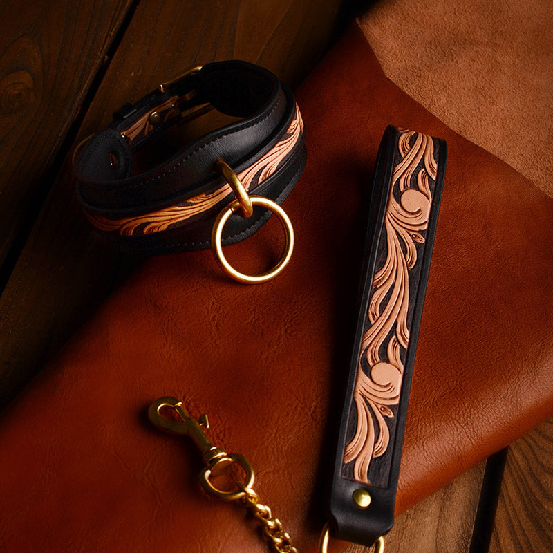 Carved Brown Engraved Collar Handcuffs Leather Set