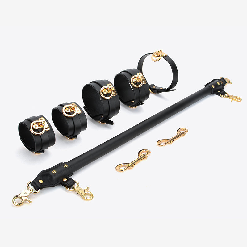 8 pcs Leather spreader bar with collar, handcuffs, ankle cuffs and carabineer set