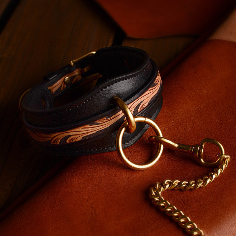 Carved Brown Engraved Collar Handcuffs Leather Set