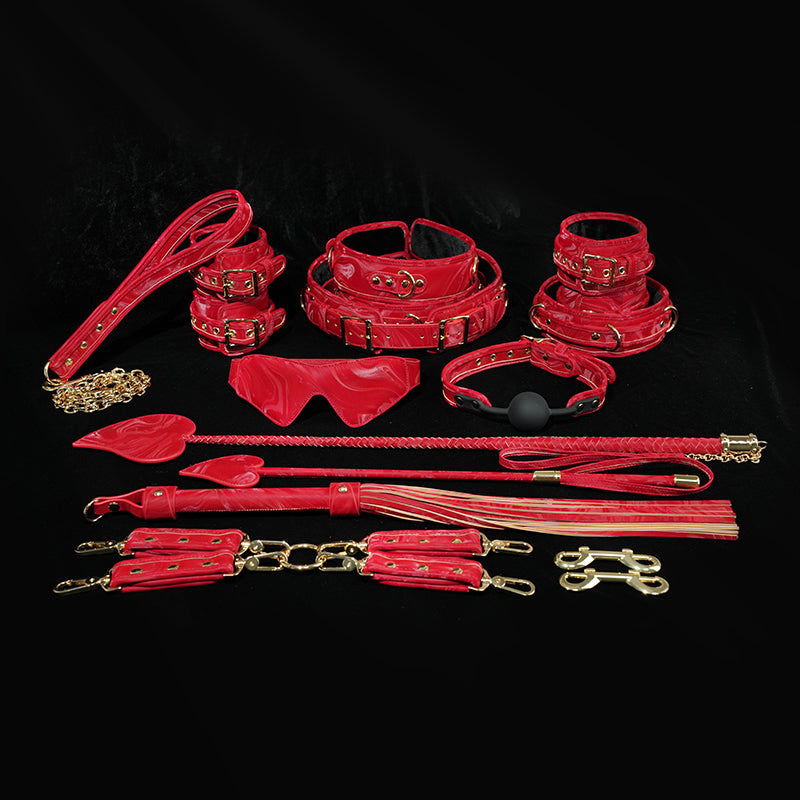 17 Pieces Red Textured PU Set with Waist Cuffs, Thigh Cuffs, Hand Cuffs, Foot Cuffs, Collar and Leash, Padd