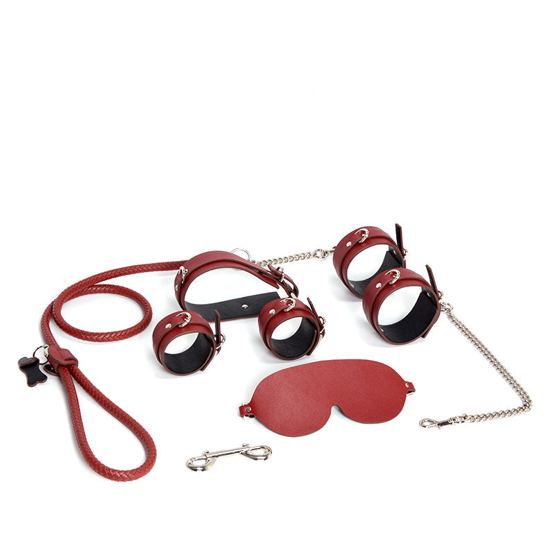 9 piece PU set with blindfold, collar, leash, handcuffs and ankle cuff